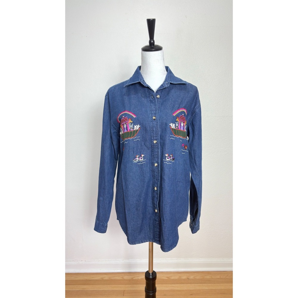 Y2K Vintage Noah's Ark Embroidered Denim Button Up Shirt Size Small 90s Church